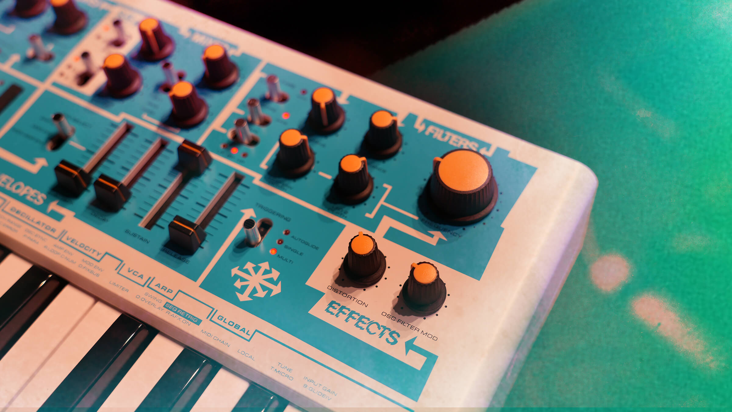Closeup of Novation Bass Station II Swifty Edition Synthesiser